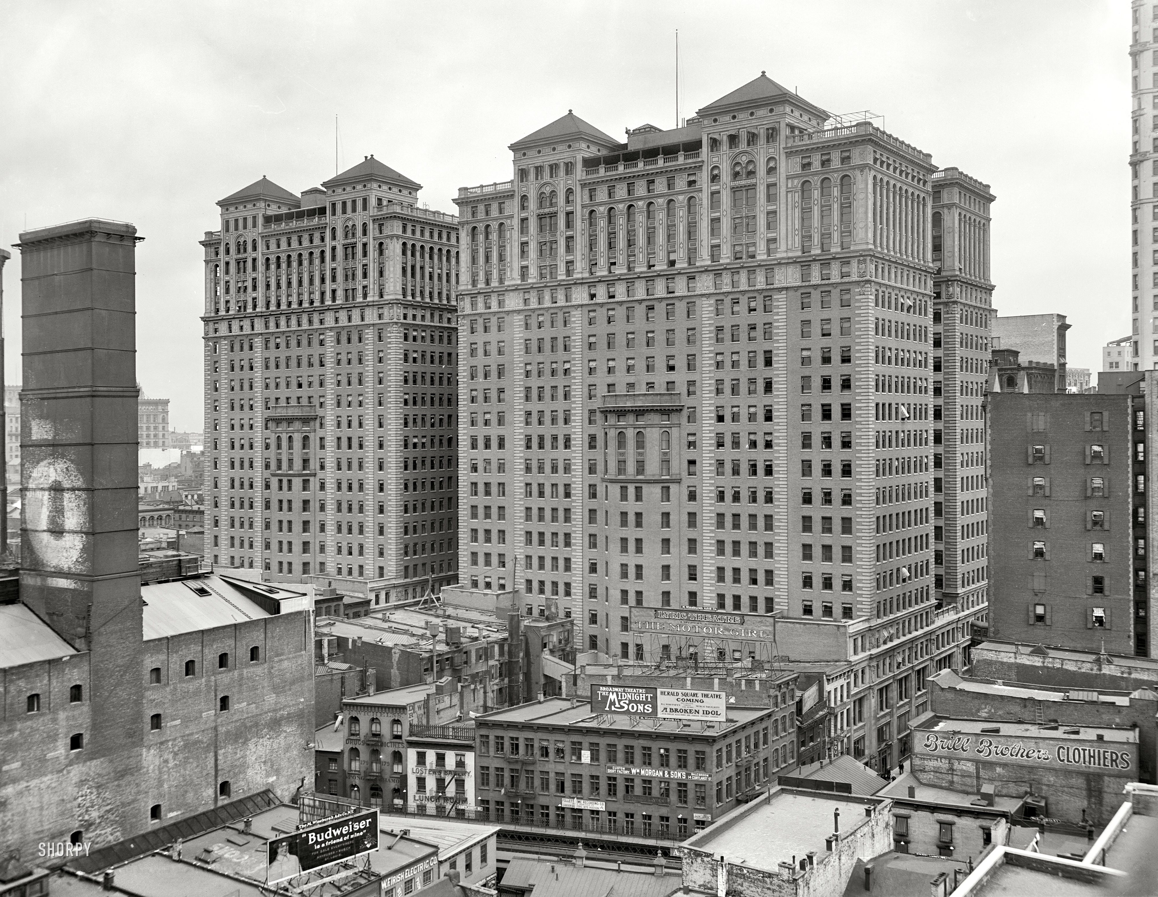 New York circa 1909. "Hudson Terminal Buildings." At the site of the future World Trade Center, a panorama encompassing the theatrical as well as the architectural. 8x10 glass negative, Detroit Publishing Co. View full size.