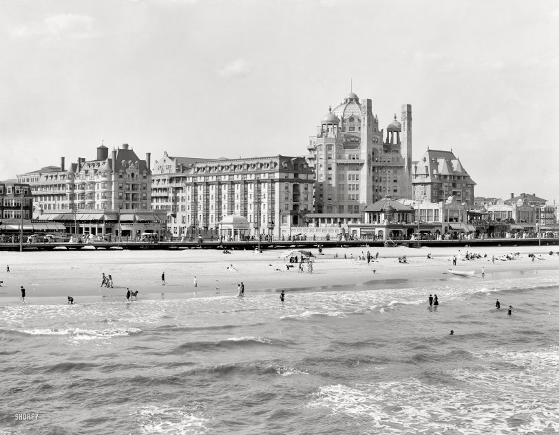Atlantic City circa 1910. "A group of big hotels -- Dennis and Marlborough-Blenheim." 8x10 glass negative, Detroit Publishing Company. View full size.
