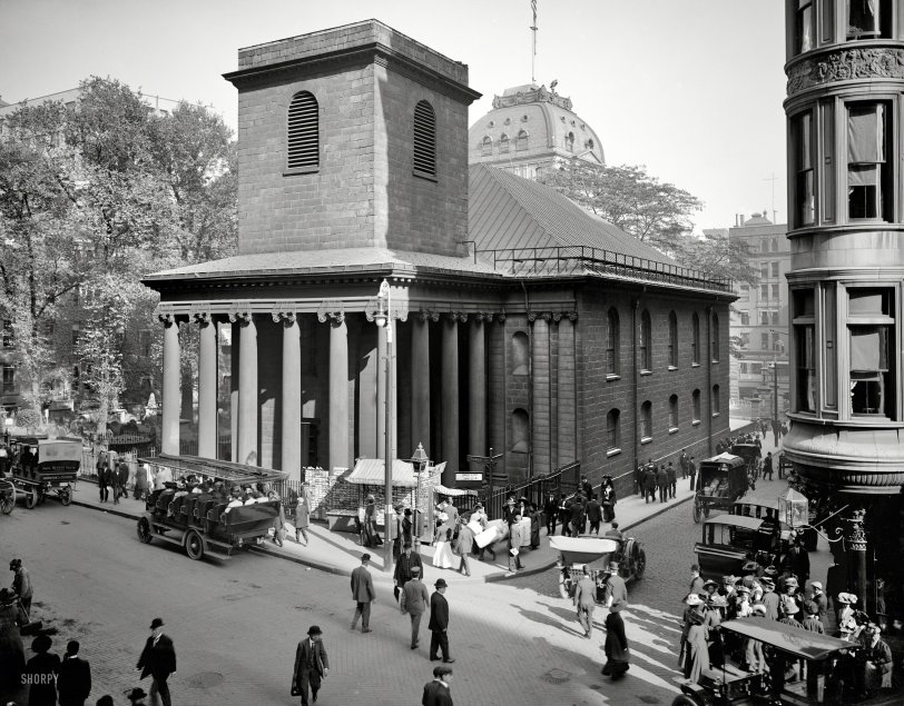 Circa 1909. "King's Chapel, Boston." Note the unusually explicit One-Way sign on the lamppost: "Vehicles Must Go in Direction of Arrow." View full size.