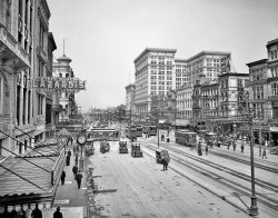 Canal Street in New Orleans circa 1910. Large building is the Maison Blanche department store. 8x10 inch glass negative, exposed about six minutes before this image, posted here three years ago.  Detroit Publishing Co. View full size.