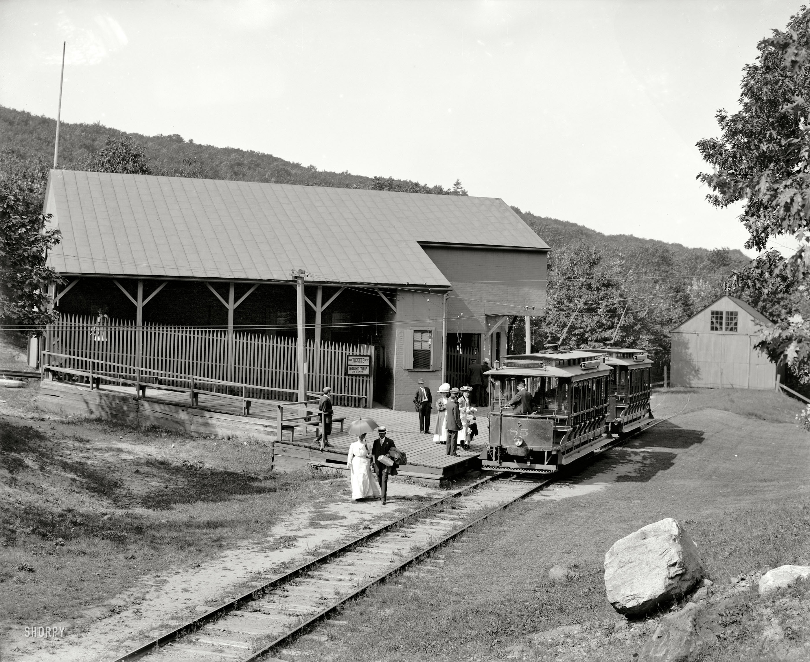 Holyoke, Massachusetts, circa 1908. "Lower station, Mount Tom Railway." 8x10 inch dry plate glass negative, Detroit Publishing Company. View full size.