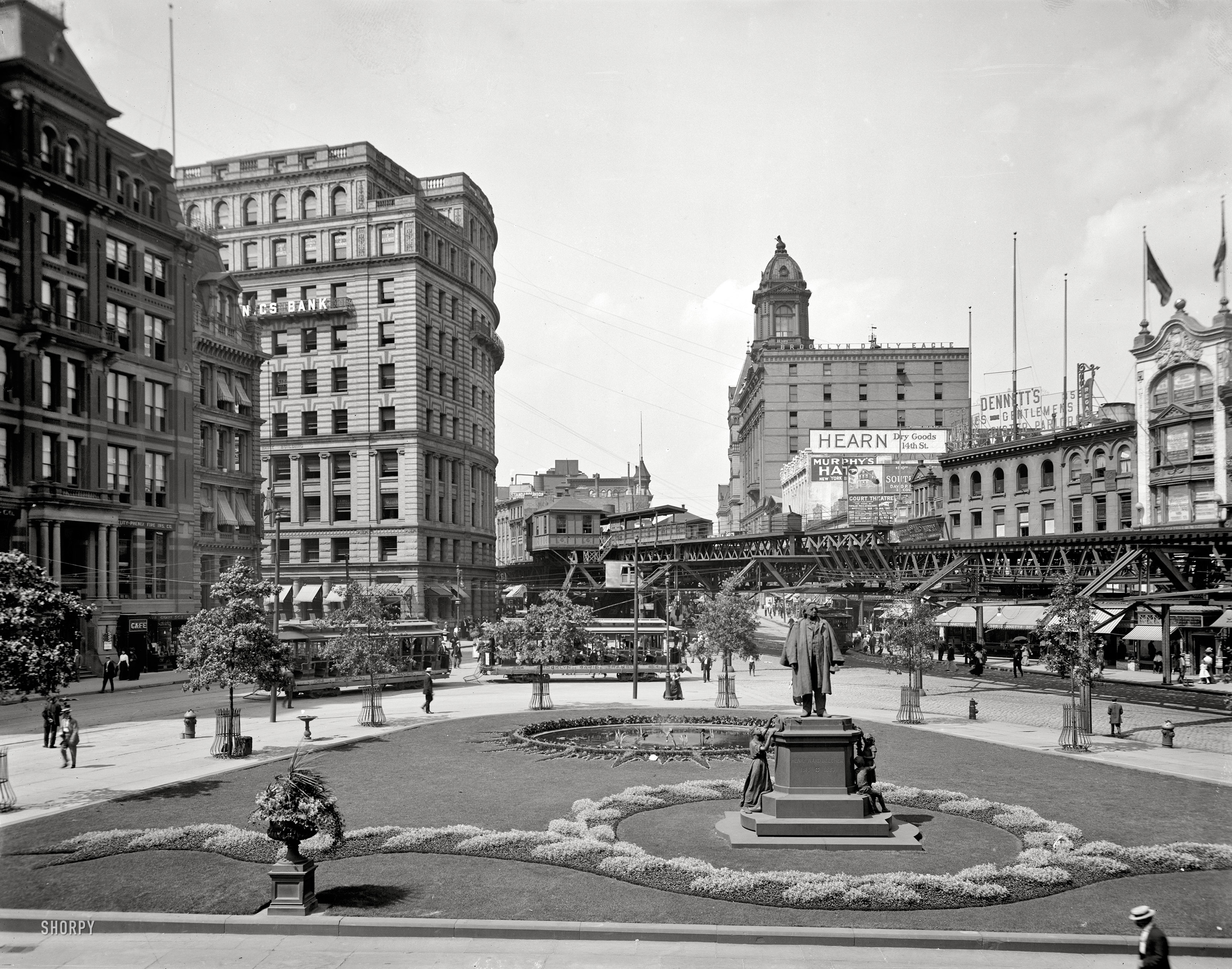 New York circa 1910. "Brooklyn. Washington Street from Fulton with Beecher statue." Now Cadman Plaza. 8x10 inch glass negative. View full size.