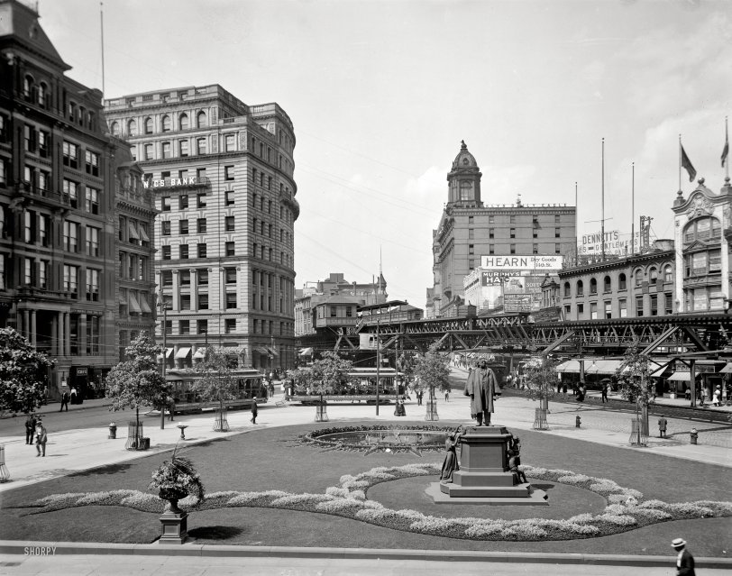 New York circa 1910. "Brooklyn. Washington Street from Fulton with Beecher statue." Now Cadman Plaza. 8x10 inch glass negative. View full size.

