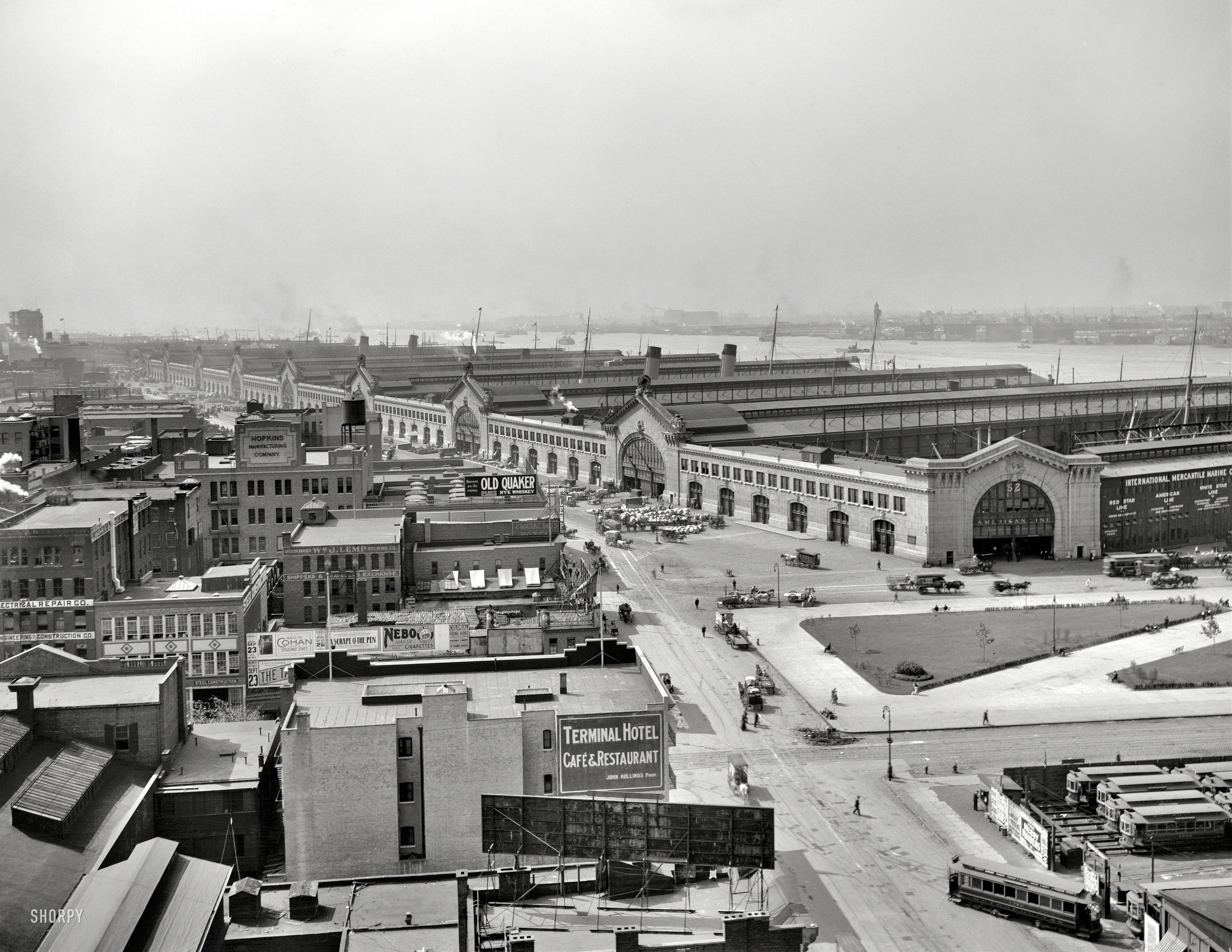 New York, 1912. "New Chelsea Piers on the Hudson." Feast your eyes on this veritable visual smorgasbord. 8x10 inch glass negative, Detroit Publishing Company. View full size.