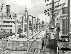 Circa 1915. "North approach, Pedro Miguel Lock, Panama Canal." 8x10 inch dry plate glass negative, Detroit Publishing Company. View full size.
ShipshapeLooking at the steamer on the left versus the one on the right I think the crew needs to be doing some major work to that deck below them! That mess would give a Navy Chief an apoplectic fit!
Cargo ship experienceA navy Chief rarely works on cargo ships. What is probably happening is the ship is loading or offloading cargo. You can see the canvas hatch cover stuffed aft of the rear hatch. While you are moving cargo, bits of packing material and small bits of bulk cargo end up on the deck. Blame the 60 stevedores for that. Then when they get a little rain, all that junk gets washed aft to just forward of the deckhouse, where you see it in the picture. There is a scupper outboard there, but it quickly gets clogged. You see where someone has laid boards down to keep their feet dry. I am sure the deck will get swept after cargo ops. At least someone has cleared the scupper to get the water off the deck. 
2 locks, plenty of waiting.The caption reads "North Approach", and the mule tracks begin here, so I think this really is the line of ships waiting to be towed into the locks.
Computer glitchSomeone's cursor is caught in the picture!
LockedThe ships are in a lock. Cargo is not moved on or off a ship there. I have been through the Canal five times and there are no cargo facilities there. A few docks for the tourists, but cargo would most likely be handled in Balboa. The first time I went through was in 1955 and we took the train that paralleled the Canal back to the Caribbean side. The passenger cars were wooden with lanterns for lighting. It looked like a movie set from some '30 film.
1910?I thought the Canal wasn't completed until 1914.
Sleeping on deckmust have been nice option as to down below in the humid tropics, the ship on the right has a canvas between two lifeboats and a couple of mattresses on the deck.
Locking Through Together?All of the ships in the photo seem to be moored to the bollards on the concrete. 
With the smaller size of the ships during this era it might be possible for more than one ship to fit in a lock chamber. Could it be that all of these ships are within their respective locks and in the process of completing the locking operation in the direction of the arrow, that is "up".
There are tracks for the mechanical mules to pull them through, but there isn't one in sight. I suspect that when the lock chambers fill completely the mules will pull each ship out of the lock chamber in sequence.
Ship and Tow Vessel?Notice the four-masted, square rigged sailing vessel (bark?) astern of the foreground steamer on the right. The lowest yards on each mast are tilted to clear the lock accoutrements. The bowsprit appears very near, perhaps over, the stern of the steamer. Could the steamer, which seems to be pretty small, be the larger vessel's tow boat? Not sure what (if anything) that would say about conditions on the steamer's decks.
Cargo/passenger ship on leftDoes anyone know the name of this ship? It would make a wonderful model of a cargo ship that also carried passengers.  Somewhat typical of the banana boats of the period. Thanks.
Jay Beckham
(The Gallery, Boats & Bridges, DPC)