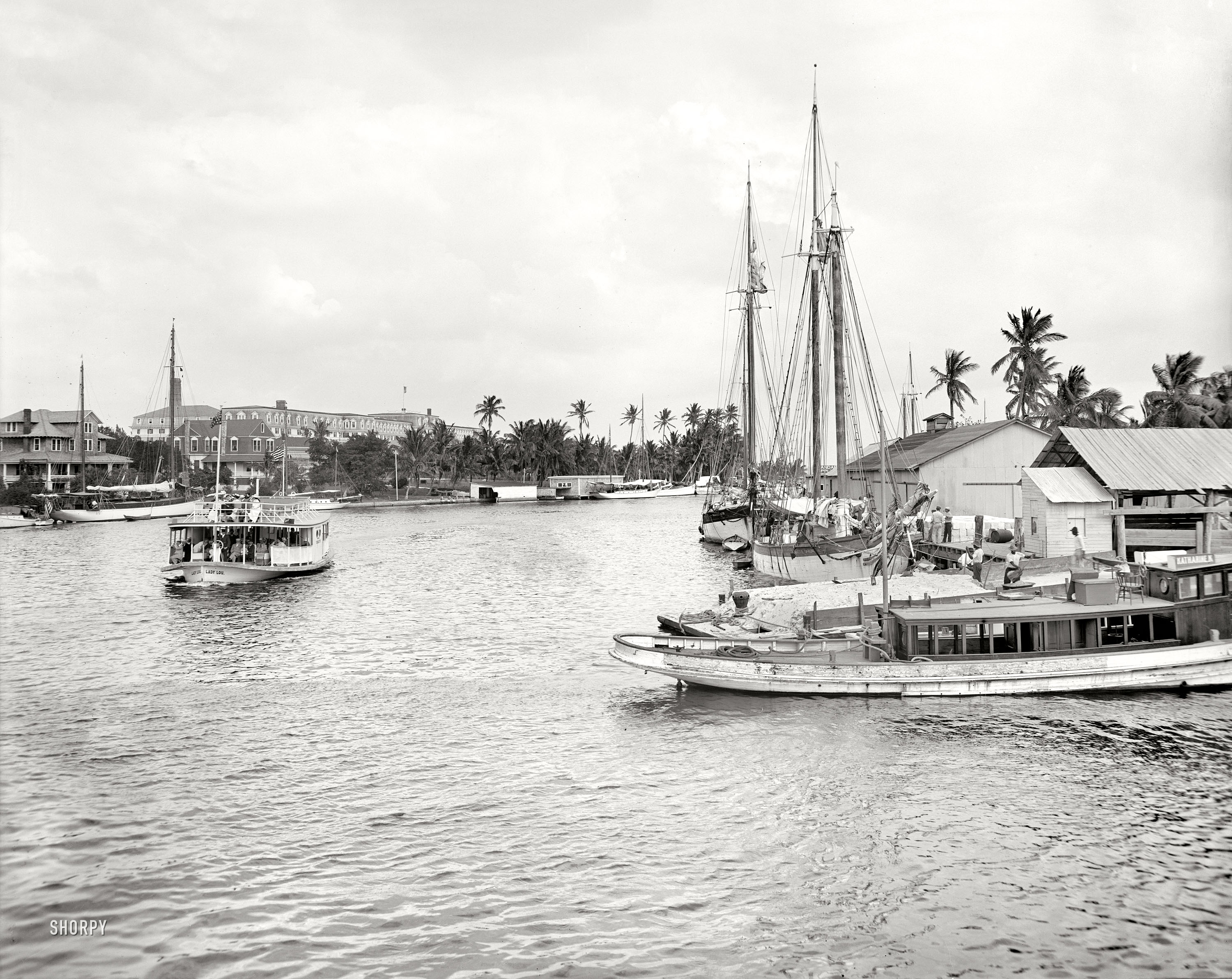 Miami circa 1907. "Miami River and Royal Palm Hotel." Yet another Florida hotel built by Henry Flagler, the Royal Palm is said to have had Miami's first electric lights, elevators and swimming pool. 8x10 glass negative. View full size.