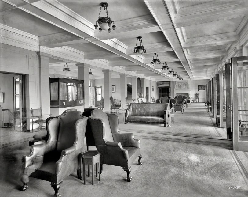 Circa 1910. "The Concourse, Fort William Henry Hotel, Lake George, New York." Please excuse any spectral guests who might happen to waft right through you. 8x10 inch dry plate glass negative, Detroit Publishing Company. View full size.
