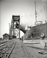 Cleveland circa 1910. "Freighter W.W. Brown taking on coal." 8x10 inch dry plate glass negative, Detroit Publishing Company. View full size.