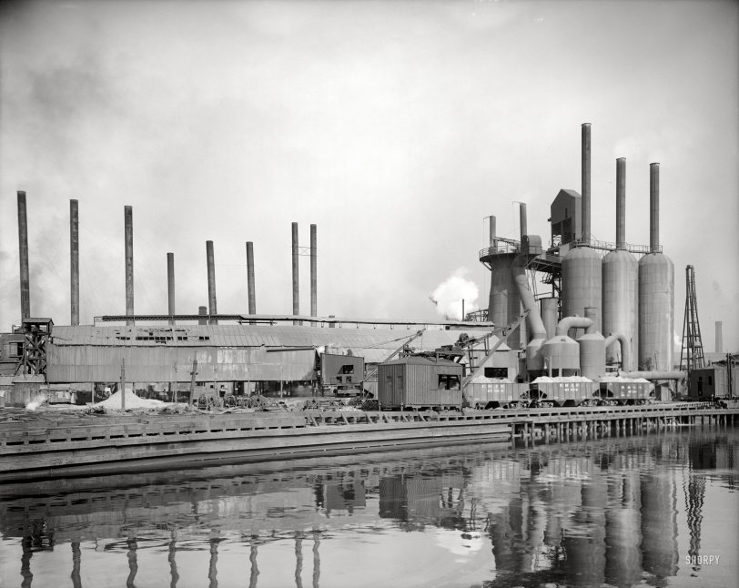 Cleveland circa 1908. "Central Furnace Works." Foundry of the American Steel &amp; Wire Co. on the Cuyahoga River. 8x10 glass negative. View full size.

