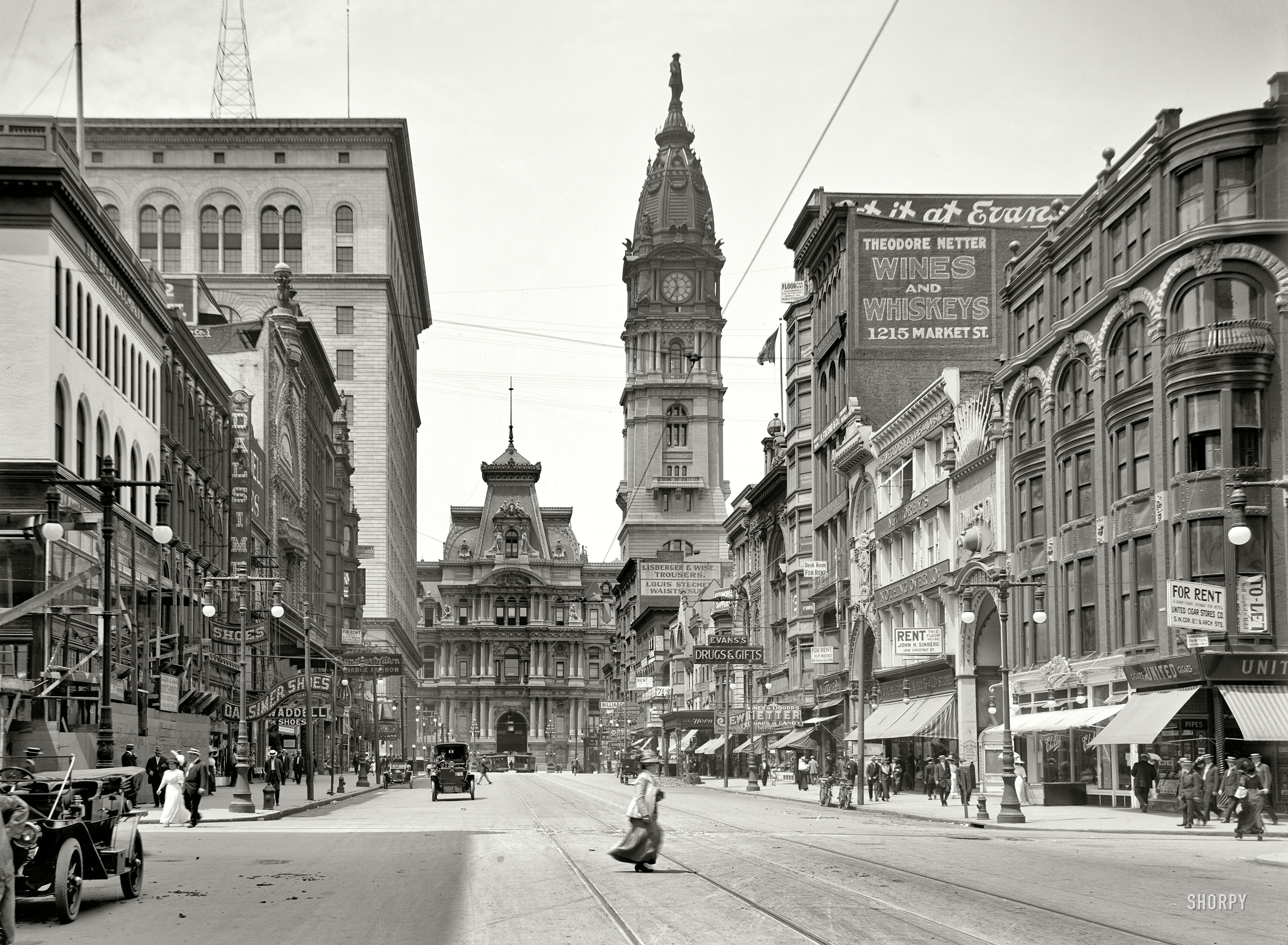 Philadelphia City Hall ca. 1910. "Market St. west from 12th." An embarrassment of riches for you signage buffs. 8x10 inch glass negative. View full size.