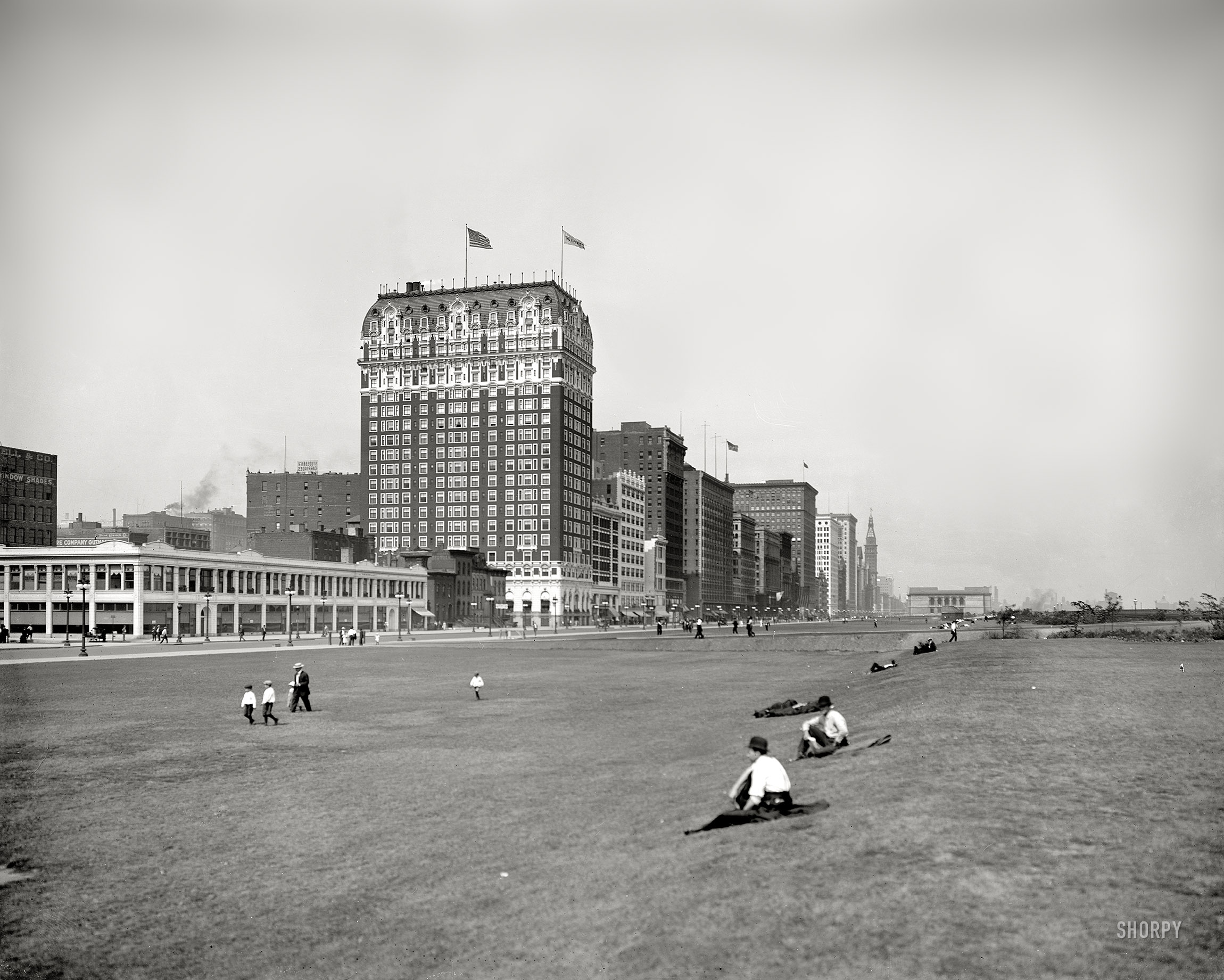 Chicago circa 1910. "Grant Park and Blackstone Hotel on  Michigan Avenue." Note the STUDEBAKER CARRIAGES sign. 8x10 glass negative. View full size.