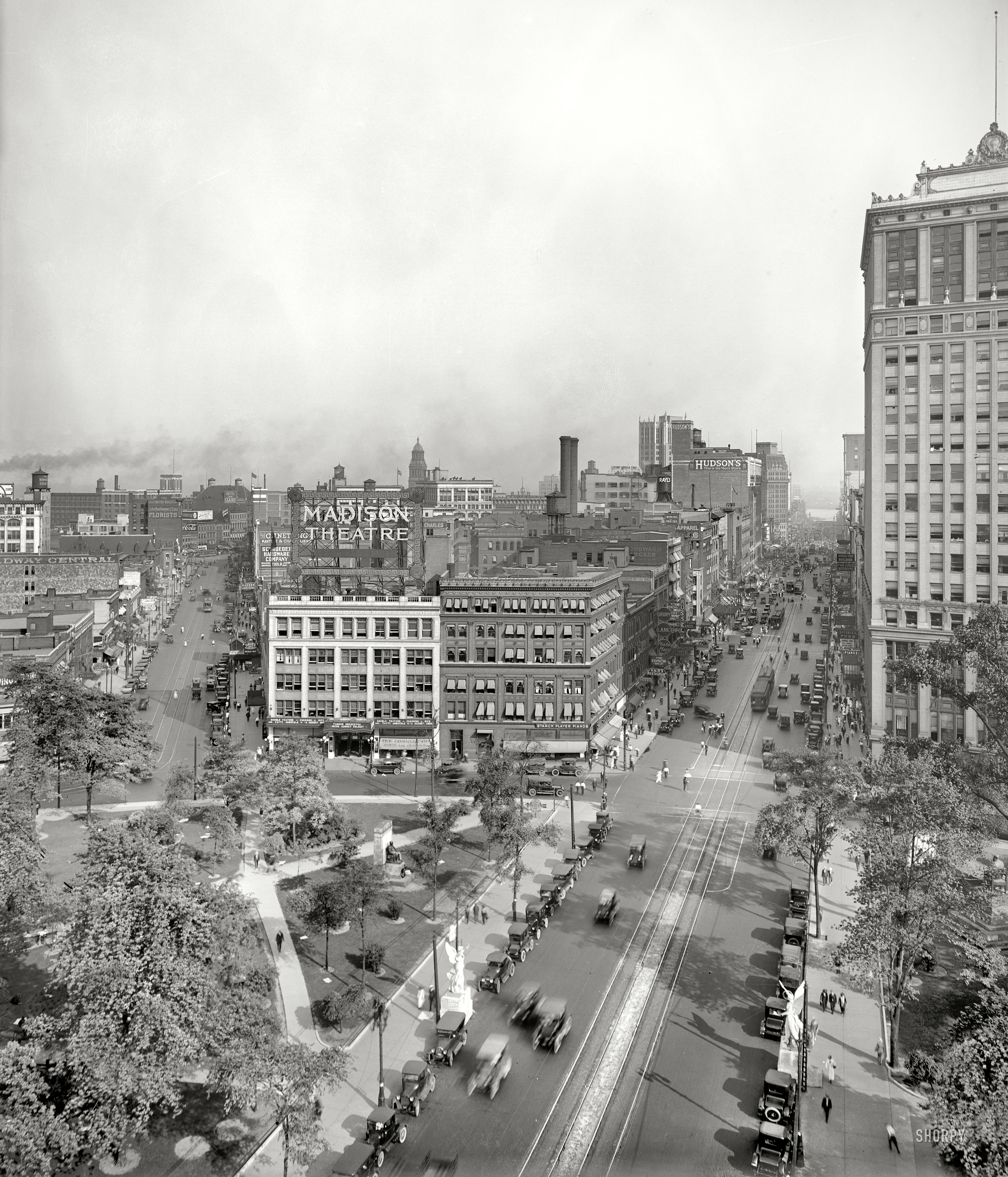 Detroit circa 1919. "View of Madison Theatre and Woodward Avenue." Now playing: "Choosing a Wife" and Fatty Arbuckle in "A Desert Hero." 8x10 inch dry plate glass negative, Detroit Publishing Company. View full size.