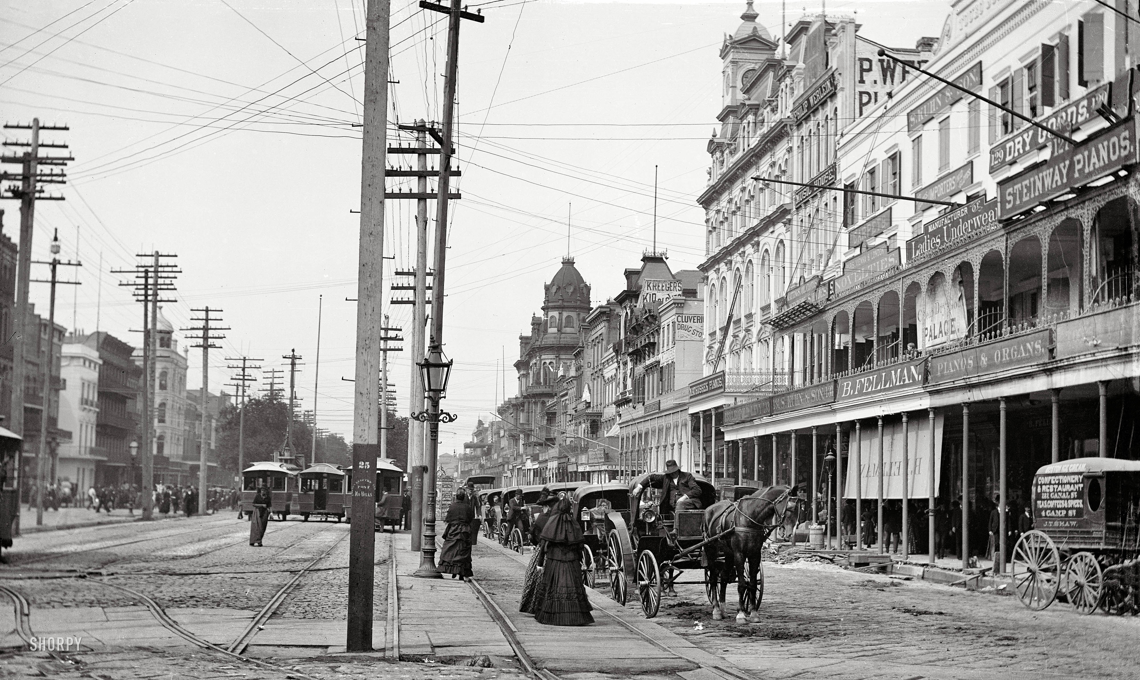 New Orleans in the 1890s. "Canal Street from the Clay monument." Dry-plate glass negative by William Henry Jackson, Detroit Publishing Co. View full size.