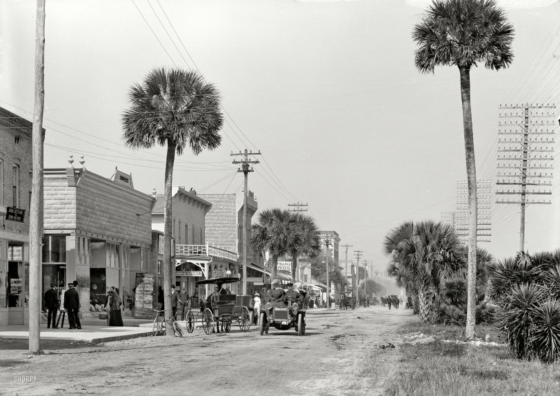 Daytona Beach, Florida, circa 1906. "Beach Street auto livery." 5x8 inch dry plate glass negative, Detroit Publishing Company. View full size.
