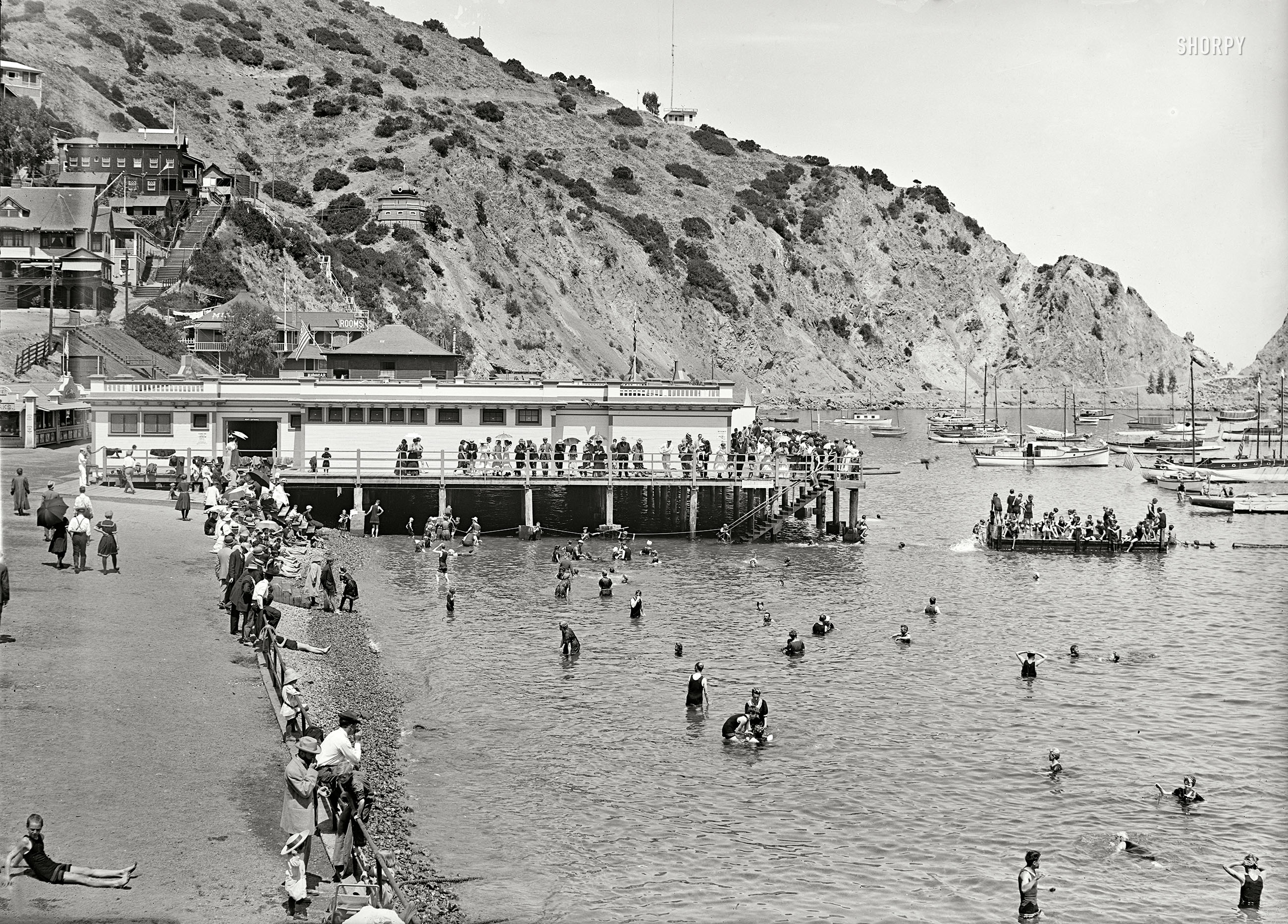 Catalina Island, California, circa 1915. "Avalon Bay Aquarium wharf and beach." 5x7 inch glass negative, Detroit Publishing Company. View full size.