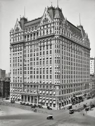 New York circa 1912. "Plaza Hotel, Fifth Avenue at 59th Street." The original "big box." 5x7 glass negative, Detroit Publishing Company. View full size.
High End DigsThe Plaza Hotel, built in 1907, is now a condominium as well. There are listings for 3 bedroom apartments, 2 are available, one at $11,995,000 and the other $14,750,000. If a 3 bedroom won't work for you there are 2 4BR units offered for $25,000,000 and  $55,000,000, respectively The prices are negotiable and pets are allowed.
Big Box IndeedRemarkably large and unattractive.  Wonder if the filigree on top prompted the first usage of "lipstick on a pig?"
EloiseAny mention of the Plaza Hotel to a native New Yorker immediately conjurs up remembrances of it's most famous "guest" Eloise, even though she never actually stayed there.
Before the hotel became condos, they held an auction at which almost every item from the original hotel (from furniture to doorknobs) were sold at unbelievable prices. Eloise kind of disappeared during the renovations, but just made her grand re-entrance.
Welcome Home, Eloise !
Unattractive?I think it shows a magnificence that no longer is ever built. 
What is it about Shorpy photos?The sheer size, massiveness and height of this amazing building is eye-popping. What IS it about so many DPC photos, which seem much more grand, especially compared to the street maps we compare with today? Those DPC photogs had an amazing eye for their work.
Yes, it's just a big block-long-and-wide square, but the architects at least topped it off in an interesting way, giving it an incredible grandeur.
I'd pay a tidy sum for a chance to put up the flags up there any morning, or to look out over NYC from one of those turrets.
Well, the awnings have gone -- and there are fewer horses.
View Larger Map
Sic TransitAnd now it's partly condos, and not an awning to be seen ... better than ending up like Penn Station, however.
Glorious BuildingHere's to another 100 years, plus! What changes will it see by then.
Main EntranceThese days the main entrance is on the Fifth Avenue side, through the porch with the six white columns. There is still a door facing Central Park South, where the big marquee is in this pic, but I don't think it even has a taxi rank anymore. I guess it keeps the traffic flowing better.
John, Paul, George, and RingoThe Beatles camped out at the Plaza during their first collective visit to America in February 1964.  George was laid up in the room with a bad cold on Feb. 8, whilst the other lads went larking about Central Park.  By the evening of Sunday the 9th, George recuperated well enough to take the stage with the others on the Ed Sullivan Show.  The rest you already know. 
Stepping out?Looks like someone is stepping out backwards. Left corner turret, top floor. Hope I'm wrong.
[Looks like you're right. Eek. - tterrace]
Pre &quot;Health and Safety&quot;Well spotted ProMagnon, but I'm fairly sure he's cleaning the window. His belt might be fixed to an anchor point inside, but somehow I doubt it.
(The Gallery, DPC, NYC)