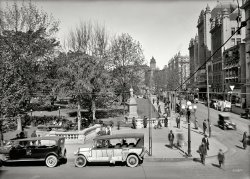 Los Angeles circa 1920. "Fifth Street and Spanish-American War monument in Pershing Square." Now playing at Clune's Auditorium Theatre: Henry Walthall in "Confession." Also note the "Pasadena Trip" touring car. View full size.