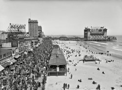 The Jersey Shore circa 1920. "Atlantic City Boardwalk and New Garden Pier." An apt seaside metaphor might be the billboard as a sort of terrestrial barnacle, encrusting every available surface with ads for yarn, hair nets, cough drops and typewriters. 5x7 glass negative, Detroit Publishing Company. View full size.