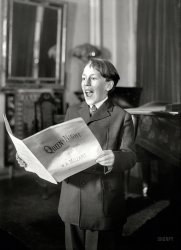 &nbsp; &nbsp; &nbsp; "Robert Murray, boy soprano with a voice reaching to the D which falls on the sixth ledger line above the treble clef, said to be the highest voice on record, has been astonishing New York City. His imitations of bird calls at a concert given at the Hippodrome are said to have been remarkable." -- The Etude, January 1922

November 1920. New York. "Murray singing 'Queen of Night'." Robert Murray, "phenomenal boy soprano" from Tacoma, Washington. 5x7 glass negative, George Grantham Bain Collection. View full size.