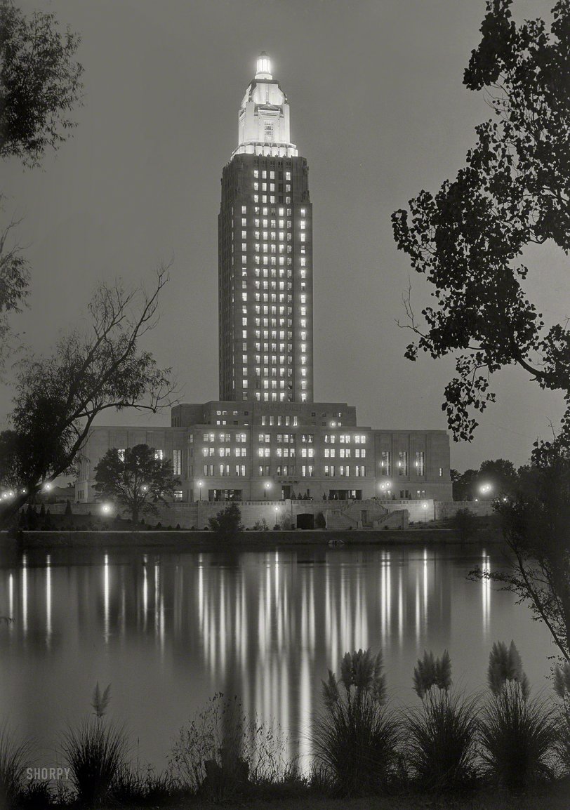 September 1932. "Louisiana State Capitol at Baton Rouge. Tower lights at night. Gov. O.K. Allen. Weiss, Dreyfous &amp; Seiferth, client." Where Huey Long was assassinated. Large-format negative by Gottscho-Schleisner. View full size.
