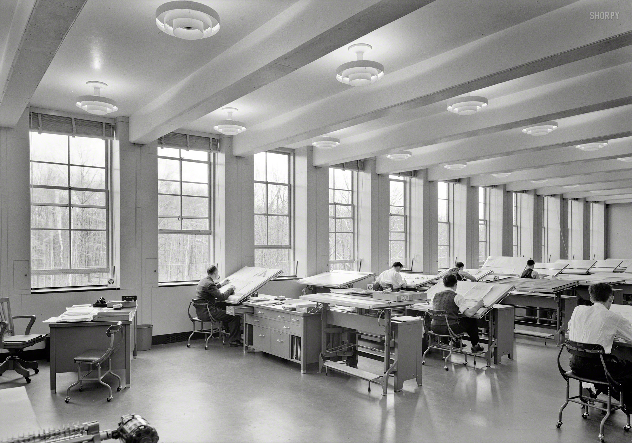 March 19, 1942, in the birthplace of the transistor. "Bell Telephone Laboratories, Murray Hill, New Jersey. Drafting room. Voorhees, Walker, Foley & Smith, architect." Large-format acetate negative by Gottscho-Schleisner. View full size.