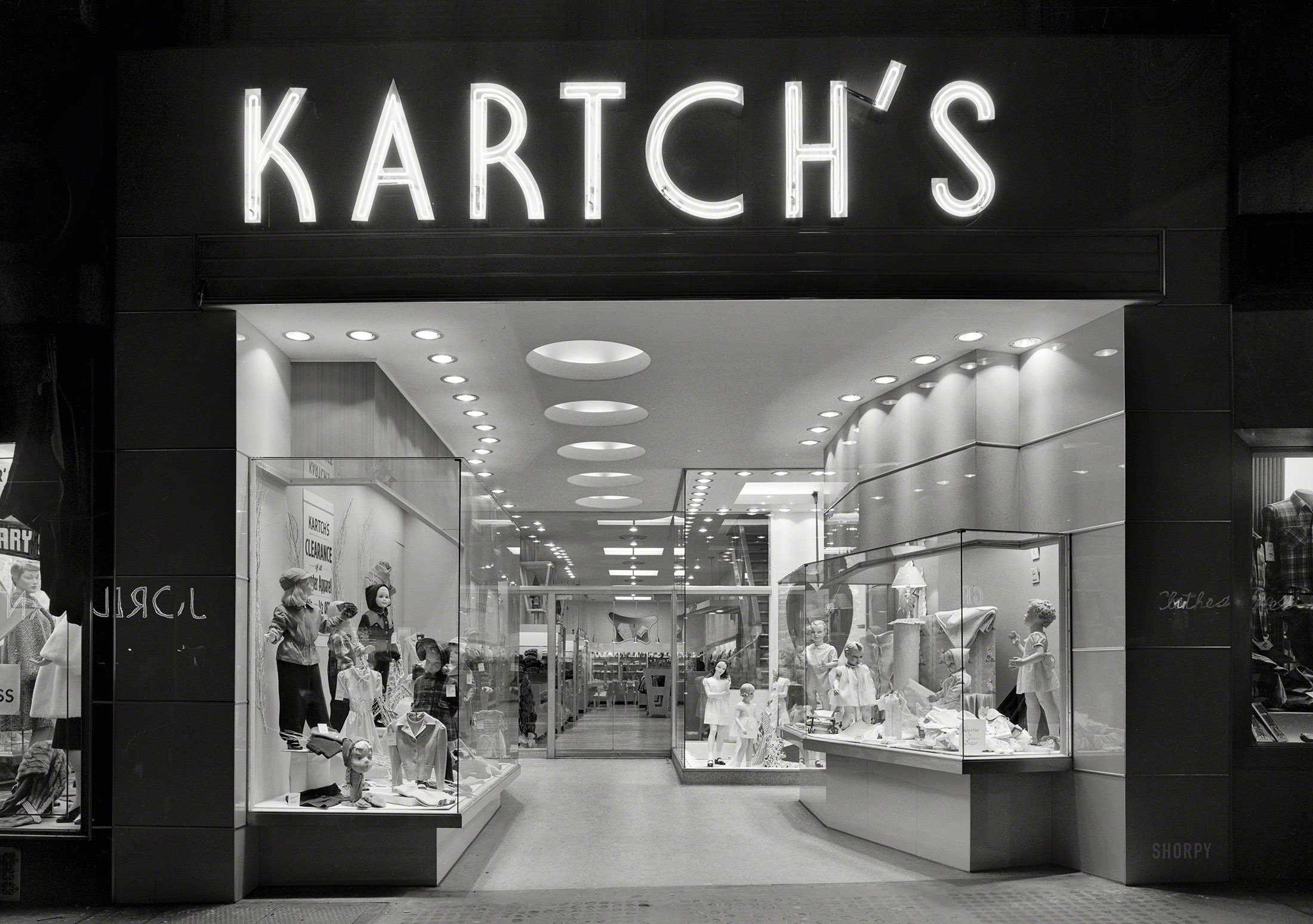 Jan. 27, 1947. "Kartch's, Main Street, Paterson, New Jersey. Entrance, night." Our third look at this tony toggery. Gottscho-Schleisner photo. View full size.