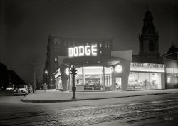March 24, 1948. "L Motors, business at 175th Street and Broadway, New York City. General view. Morris Lapidus, client." Need a new car? Go straight to L. Large-format acetate negative by Gottscho-Schleisner. View full size.
I wishI could have taken this. It's beautiful.
Morris LapidusVery well known for his hotel designs (most famously, the Fontainebleau in Miami Beach) where he tried to transform the guest experience into an extravaganza. He wanted people to always remember their visit and did all he could to make it visually memorable. This car dealership is flamboyant to the nth degree. Beautiful.
Still ThereToday it's a "Bravo Super Market."
Bravo? I think not.Via Google Streetview: http://goo.gl/maps/UhLBC
Not much to look at nowadays. This is progress?
[Edited to add: Sorry, I thought I uploaded this pic with my post:]
Two ThingsCould that car in the showroom window possibly be on a turntable? And what's that leaning out of the driver's window? A kid? A mannequin?
Keepin&#039; it realRegarding the inquiry by "The Inventor" about the object in the driver's seat, I think it is probably a prop to inspire spectators to imagine themselves in the car.  The convertible in the far right window appears to be full of passengers and/or dogs (but I know for sure they are not giant hamsters).
TowniesThe 175th St &amp; Broadway neighborhood is the Washington Heights section of Manhattan. At he time this picture was taken it was was a multi ethnic enclave. Heavily Jewish, with a high proportion of German refugees that arrived both before and after WW2. Some of the more well known people that grew up there were former Secretary of State Henry Kissinger, the stage and film Producer/Director Mike Nichols and "The Fonz", Actor/Director Henry Winkler.
&quot;The Nighthawks&quot;That photo reminds me very much of the Edward Hopper painting.
A sign of changing transportation times (sort of)The streetcar tracks shown on Broadway were no longer in use at the time of the photo, the streetcar lines having been discontinued about nine months earlier.  It would be tempting to say that the expansion of private auto ownership as exemplified by the cars in the window was the reason for the abolition of the streetcars, which would be true in most parts of the country, but in New York the switch to buses was the main reason.
WhatsaWhat's a "Plymouth".
What's a two-phase traffic light.
Statements of yesteryore, not questions. Ahhh. Sigh.
A Shadow of its Former Glory - 2009R&amp;S Strauss Discount Auto: http://bit.ly/Xq1ssy
(The Gallery, Cars, Trucks, Buses, Gottscho-Schleisner, NYC)