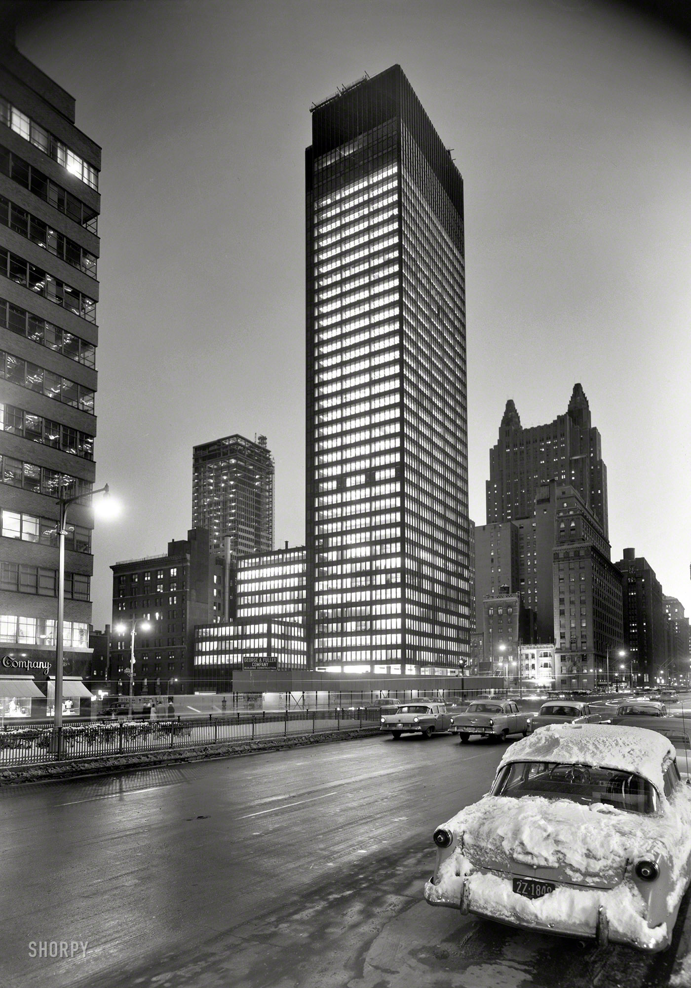 January 3, 1958. "Seagram Building. Night view, Park Avenue." Large-format acetate negative by Samuel H. Gottscho. View full size.