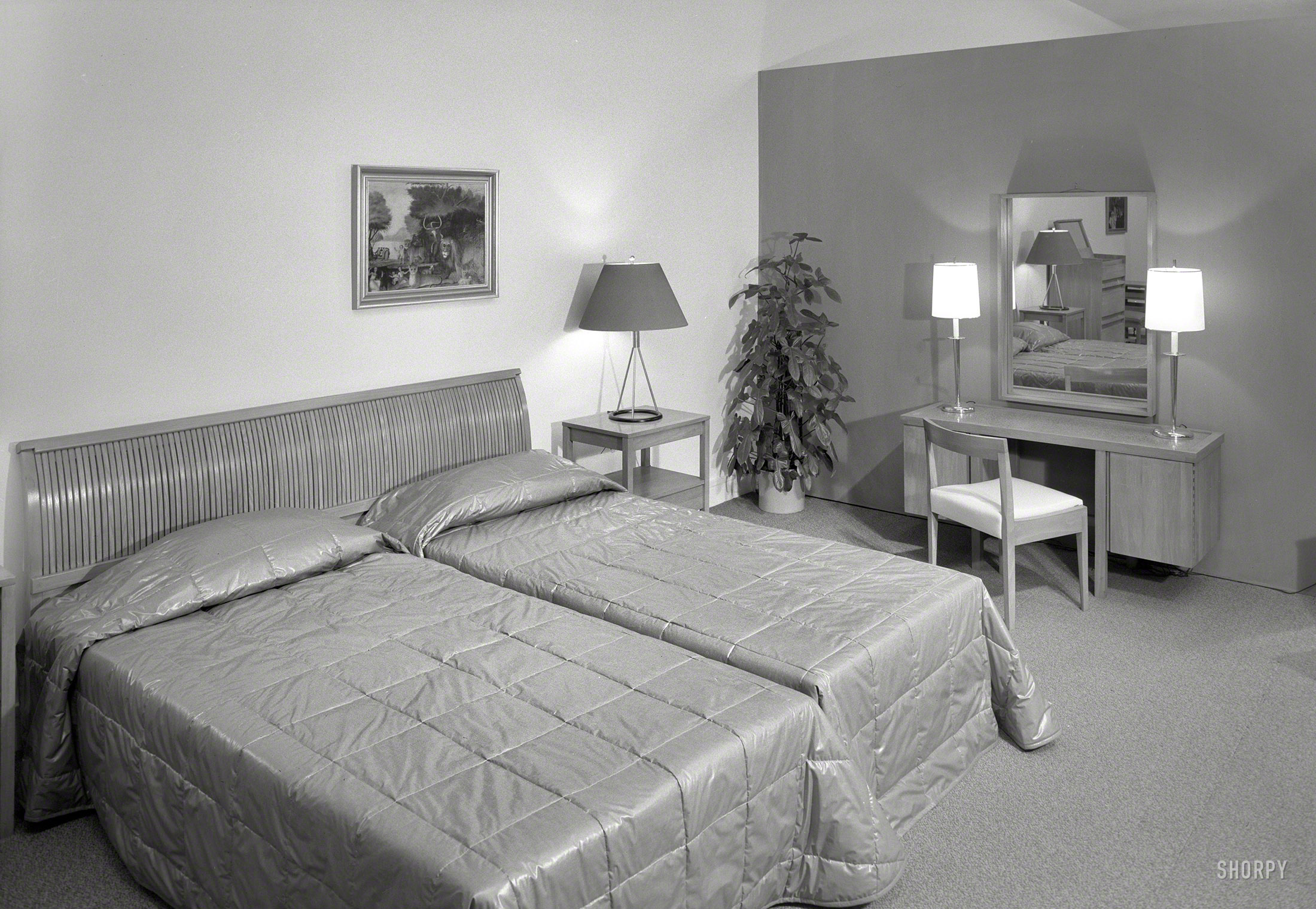 October 12, 1951. Great Neck, Long Island, N.Y. "Statton Modern at John Wanamaker. Russel Wright bedroom group. Auerbach Agency, client." Large-format acetate negative by Gottscho-Schleisner. View full size.