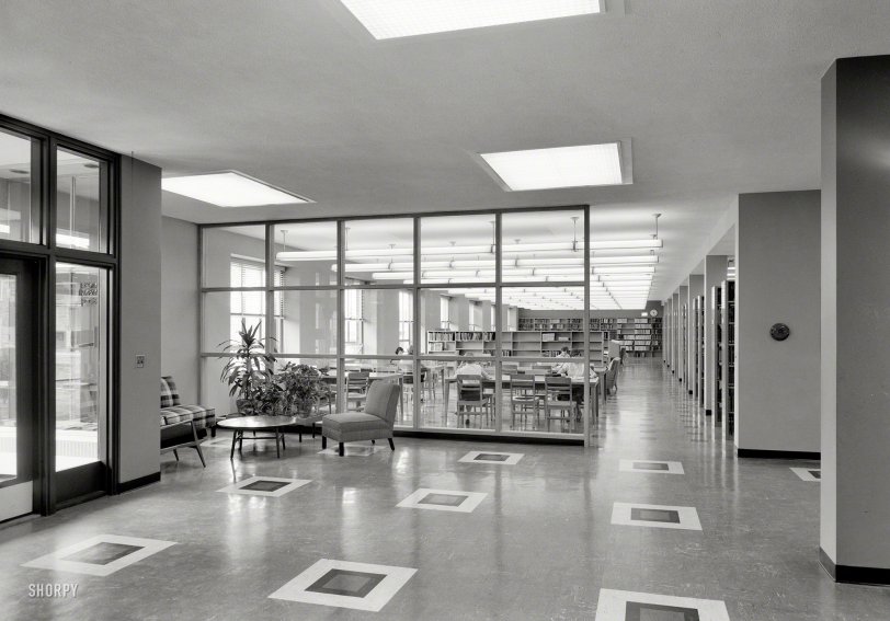 April 24, 1953. "Goucher College, Towson, Maryland. Library interior. Moore &amp; Hutchins, client." Large-format negative by Gottscho-Schleisner. View full size.
