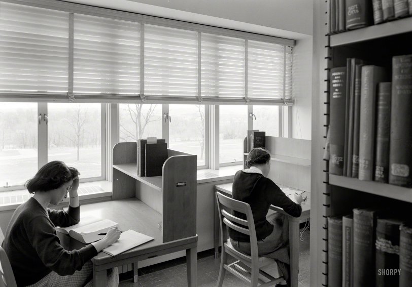 April 24, 1953. "Goucher College, Towson, Maryland. Library interior IV. Moore &amp; Hutchins, client." 5x7 acetate negative by Gottscho-Schleisner. View full size.
