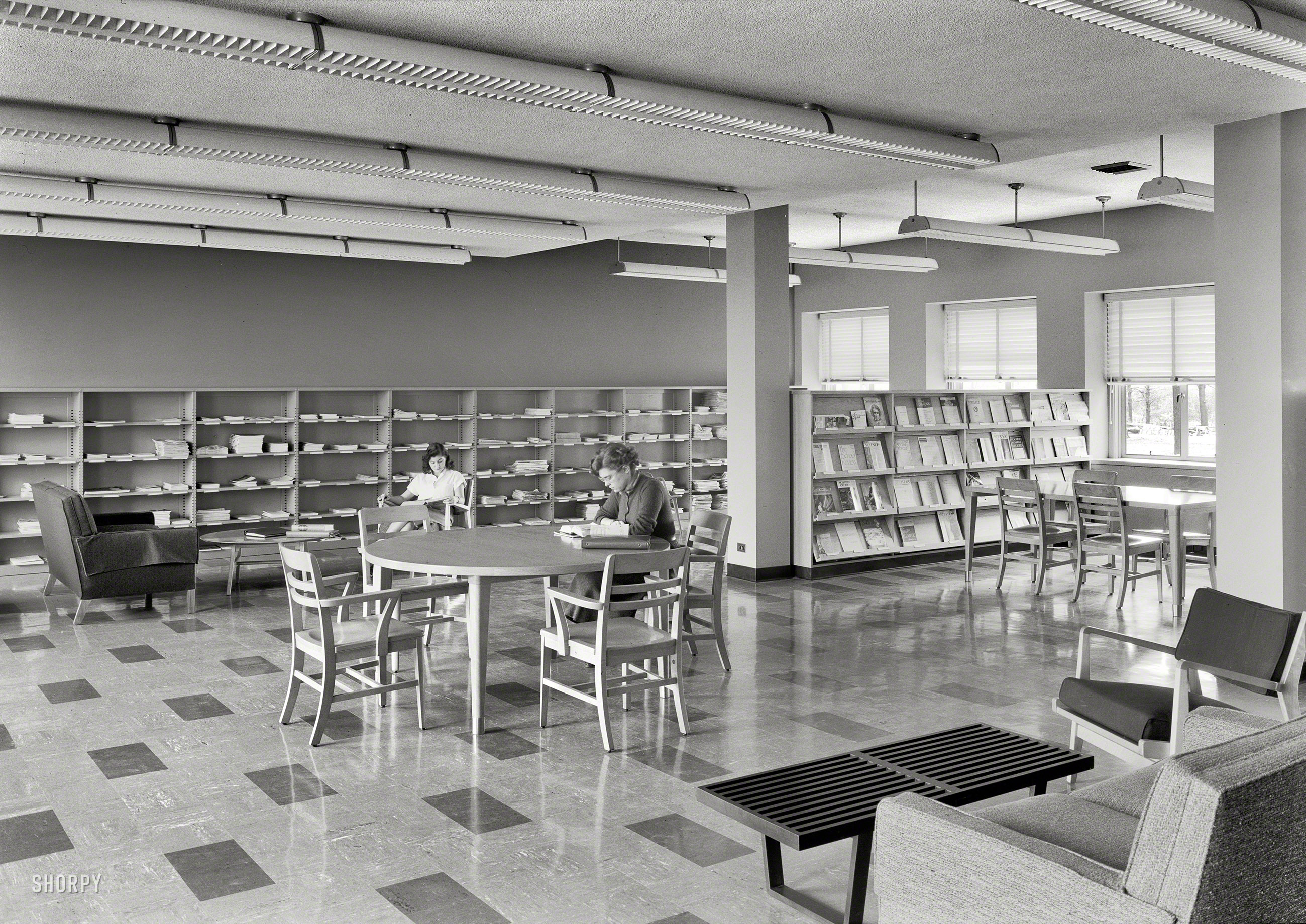 April 24, 1953. "Goucher College, Towson, Maryland. Library, periodical room. Moore & Hutchins, client." Just the place to peruse the latest issue of Speculum. Large-format acetate negative by Gottscho-Schleisner Inc. View full size.