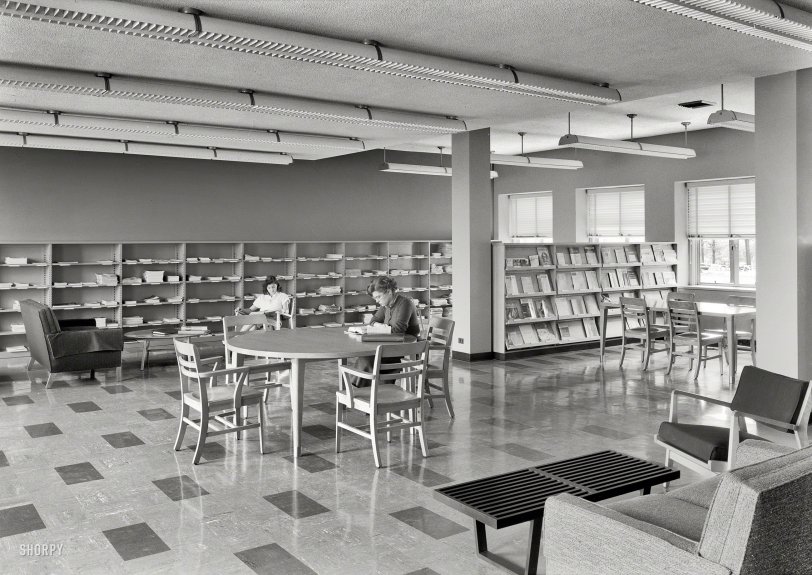 April 24, 1953. "Goucher College, Towson, Maryland. Library, periodical room. Moore &amp; Hutchins, client." Just the place to peruse the latest issue of Speculum. Large-format acetate negative by Gottscho-Schleisner Inc. View full size.
