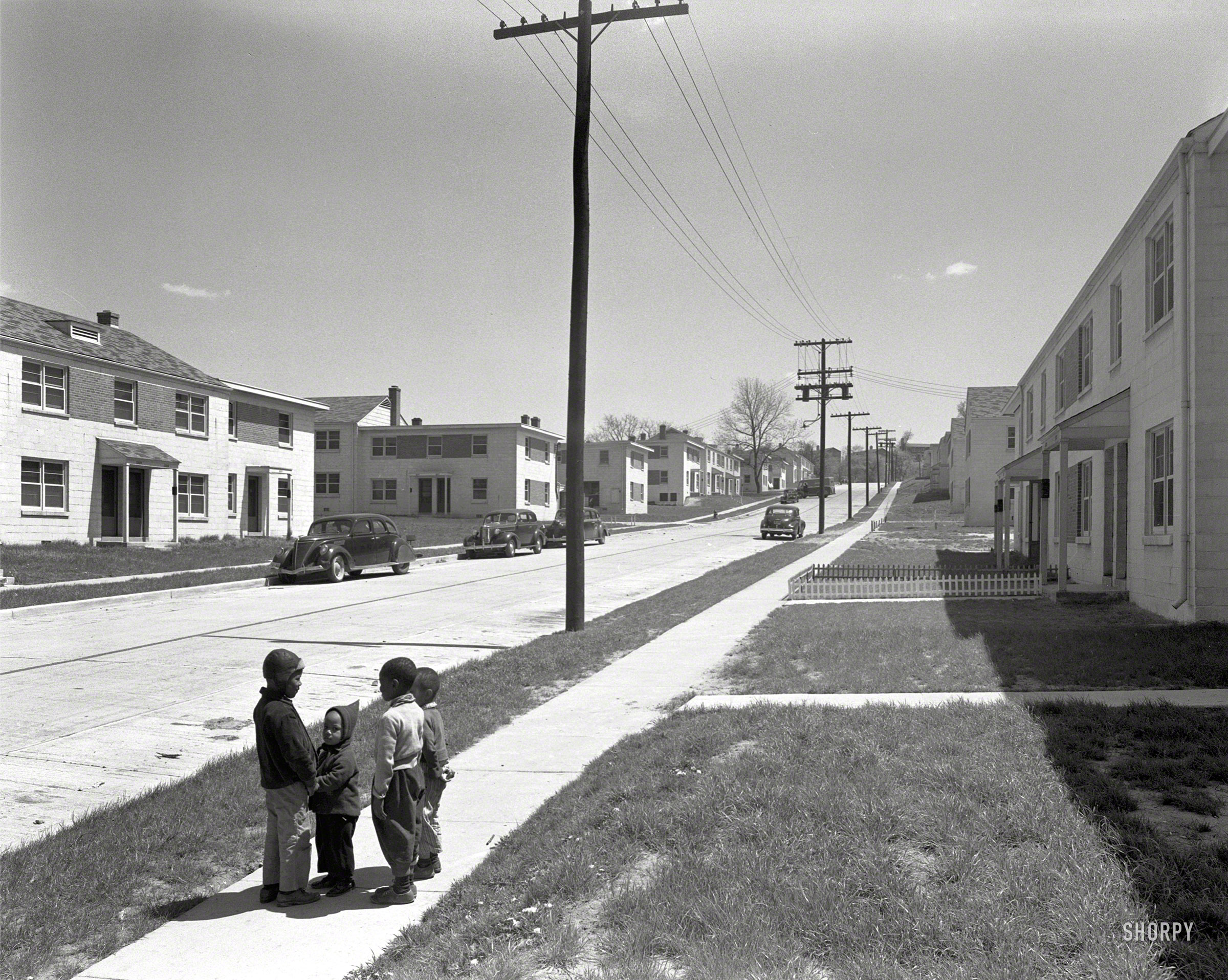 April 28, 1944. "Barry Farm housing development, Washington, D.C. Street view II." Large-format acetate negative by Gottscho-Schleisner. View full size.