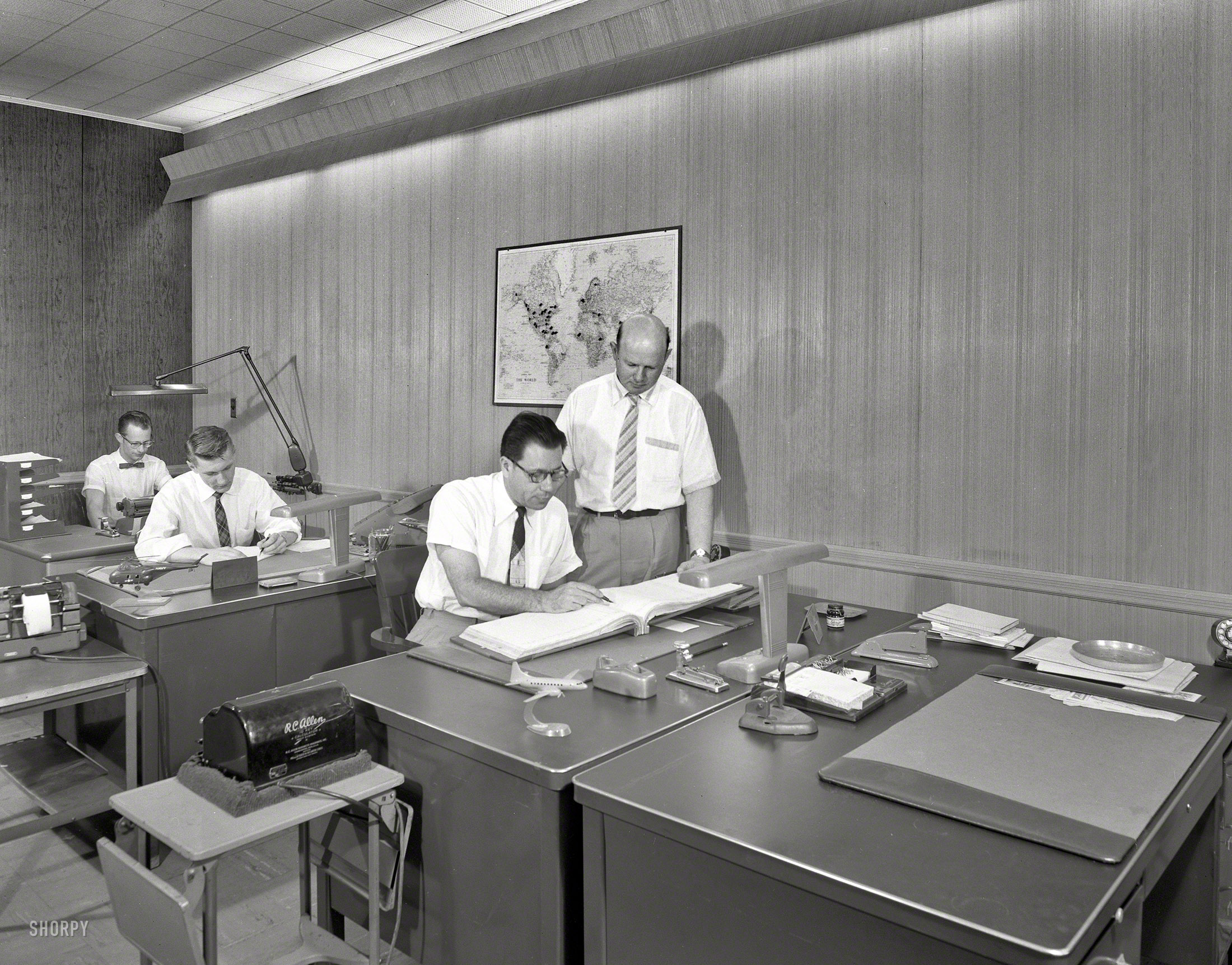 June 26, 1956. "Ledkote Products Co., Vernon Boulevard, Astoria, Long Island. Office accounting department. Corydon M. Johnson Co., client." Large-format acetate negative by Gottscho-Schleisner. View full size.