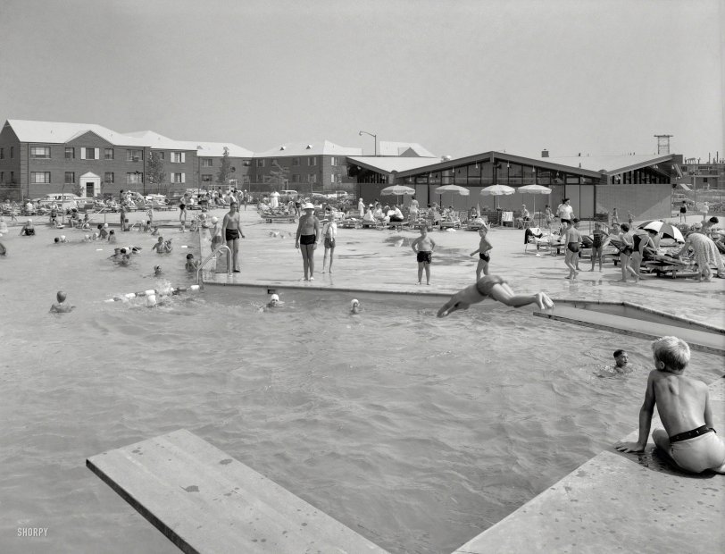 August 19, 1959. "Linden Woods [Lindenwood Village] Swim Club, Howard Beach, Queens. Pool to clubhouse from diving board." Our second visit to this chlorinated watering hole. Gottscho-Schleisner photo. View full size.
