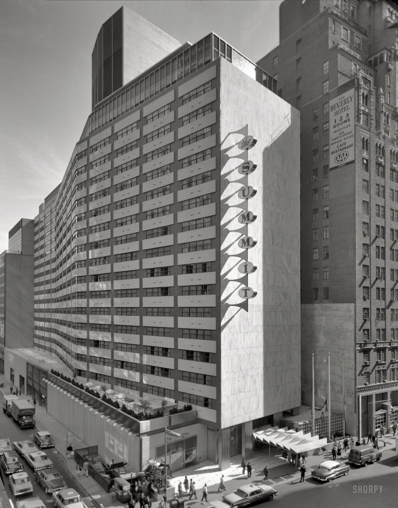 Sept. 18, 1961. New York. "Summit Hotel, 51st Street and Lexington Avenue. Exterior from northwest. Morris Lapidus, Harle &amp; Liebman, architects." Hints of Cold War intrigue here. Gottscho-Schleisner photo. View full size.
