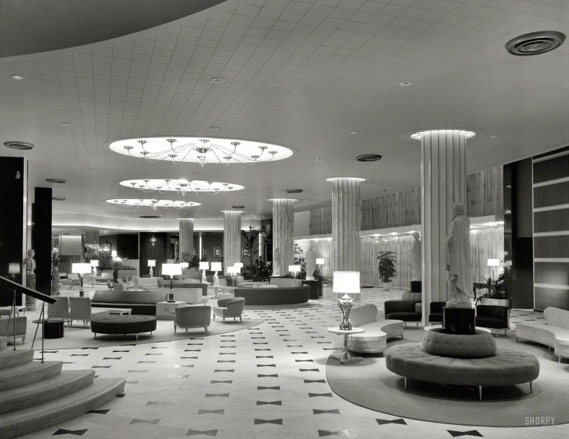 March 30, 1955. "Fontainebleau Hotel, Miami Beach. General view of lobby. Morris Lapidus, architect." Gottscho-Schleisner photo. View full size.
