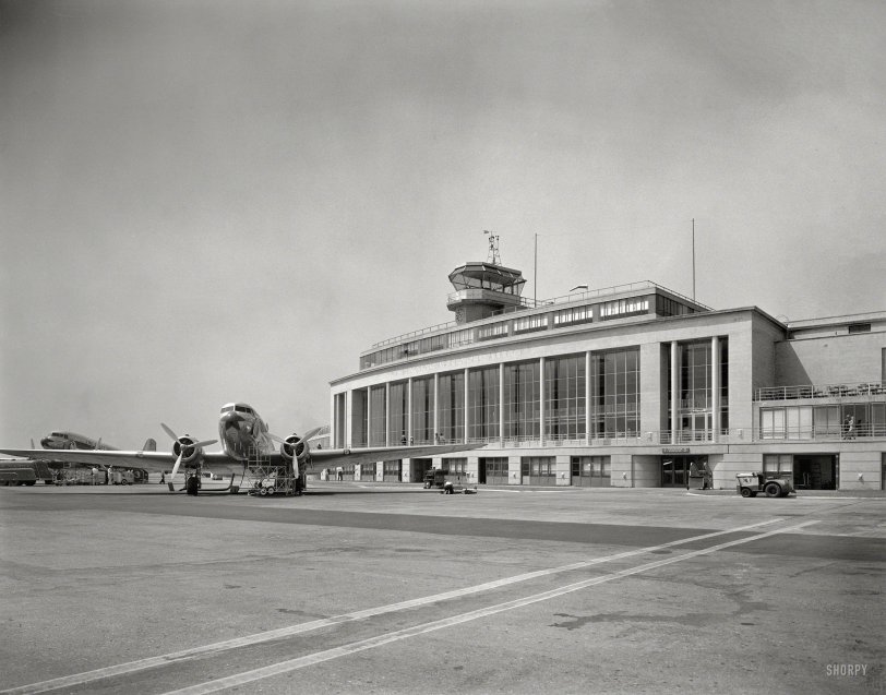Arlington County, Va., circa 1941. "National Airport. Plane in front of passenger terminal and control tower." Photo by Theodor Horydczak. View full size.
