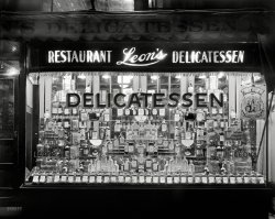 Washington, D.C., circa 1934. "Leon's Delicatessen, 1131 14th Street NW. Window display of whiskey." Courtesy of Leon Slavin (1893-1975), who, according to his obituary, "obtained the first off-sale retail liquor license in Washington after the repeal of Prohibition." 8x10 negative by Theodor Horydczak. View full size.