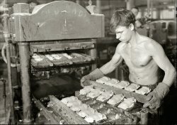 1936. "Mt. Holyoke, Mass. - Paragon Rubber Co. and American Character Doll. Pressing rubber bodies (French)." With "Old Sadie." Continuing our guys-and-dolls series. Large format negative by Lewis Hine. View full size.