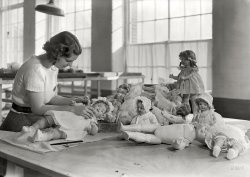1936. "Mt. Holyoke, Mass. - Paragon Rubber Co. and American Character Doll. Dressing and packing dolls." Photo by Lewis Wickes Hine. View full size.
