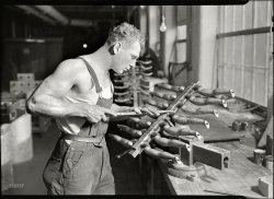 1936. "Mount Holyoke, Mass. Paragon Rubber Co. and American Character Doll. Building rubber doll moulds." Photo by Lewis Hine, who seems to have moved on to bigger things once he was done snapping newsies. View full size.