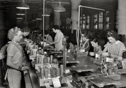 March 1937. "Camden, New Jersey. RCA Victor. Five-tube chassis assembly line." Radio like Grandma used to make. Photo by Lewis Hine. View full size.