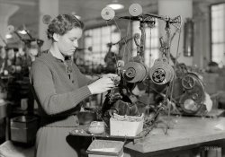 March 1937. Camden, New Jersey. "RCA Victor. Radio coil winder. If a girl has good fingers for this work, she can become expert on the job in three weeks. If she is not naturally deft, she never learns." Photo by Lewis Hine. View full size.