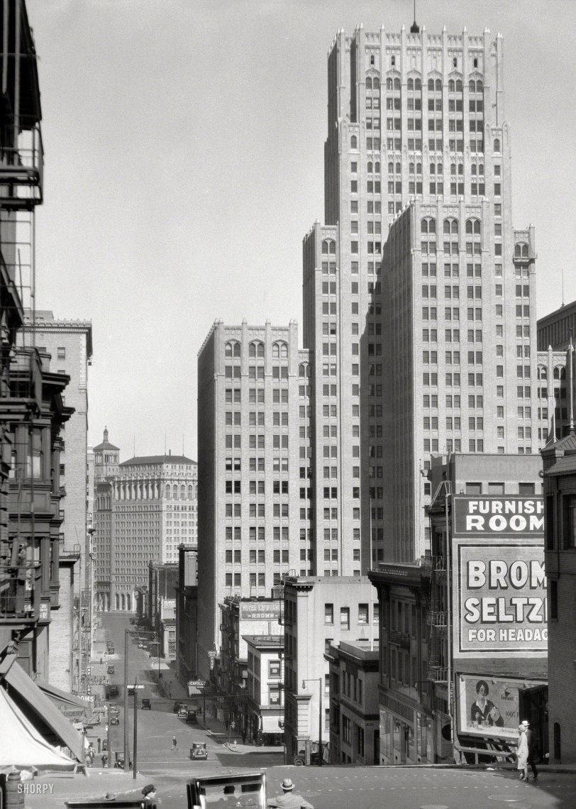 "San Francisco views, 1927." On Pine Street, looking east at the 32-story Russ Building. 4x5 nitrate negative by Arnold Genthe. View full size.
