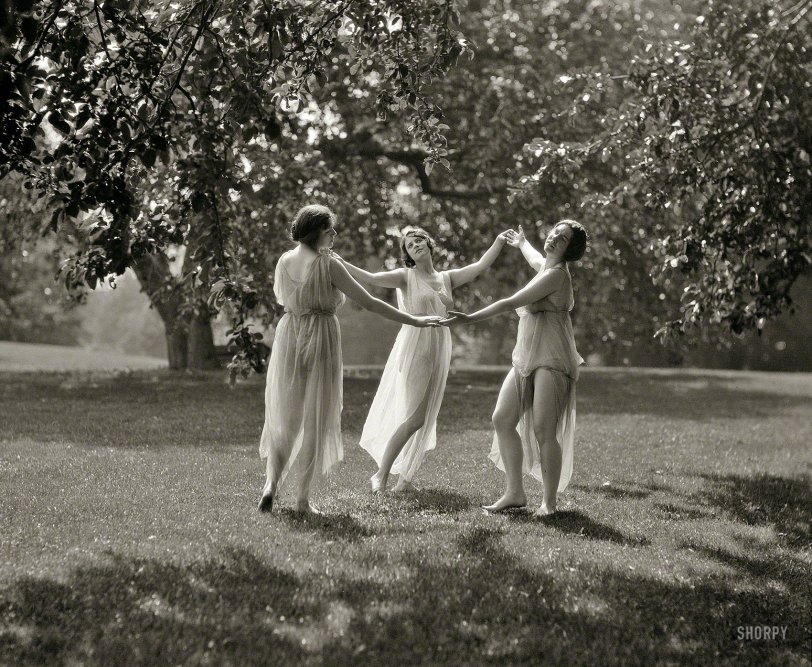 Circa 1929. "Unidentified women, possibly Elizabeth Duncan dancers." The gauzy harbingers of Spring. 4x5 nitrate negative by Arnold Genthe. View full size.
