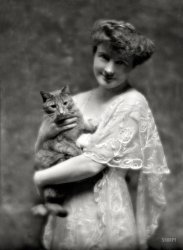 May 12, 1914. "King, G., Miss, with Buzzer the cat. 135 E. 66th Street, New York City." Buzzer served as a prop in dozens of these portraits by Arnold Genthe. 5x7 glass negative, with much curlicue stippling. View full size.