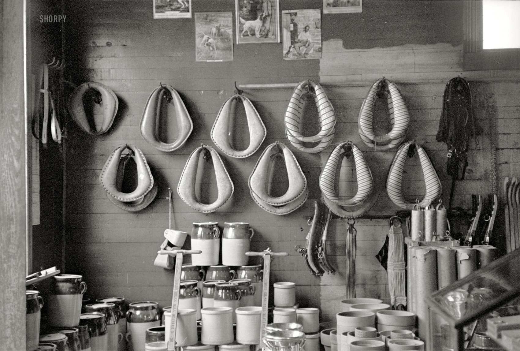March 1936. "Tennessee harness and hardware store." 35mm nitrate negative by Carl Mydans for the Farm Security Administration. View full size.