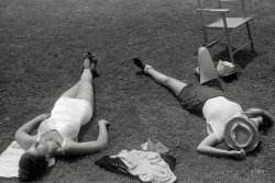 August 1940. Vergennes, Vermont. "Sunbathing on the common." 35mm negative by Louise Rosskam for the Farm Security Administration. View full size.